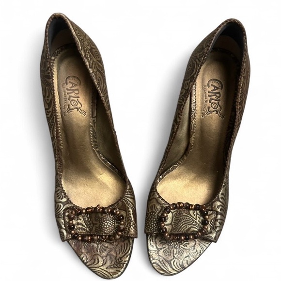 Carlos by Carlos Santana Shoes - Carlos by Carlos Santana Bronze Metallic Embossed Peep-Toe Heels